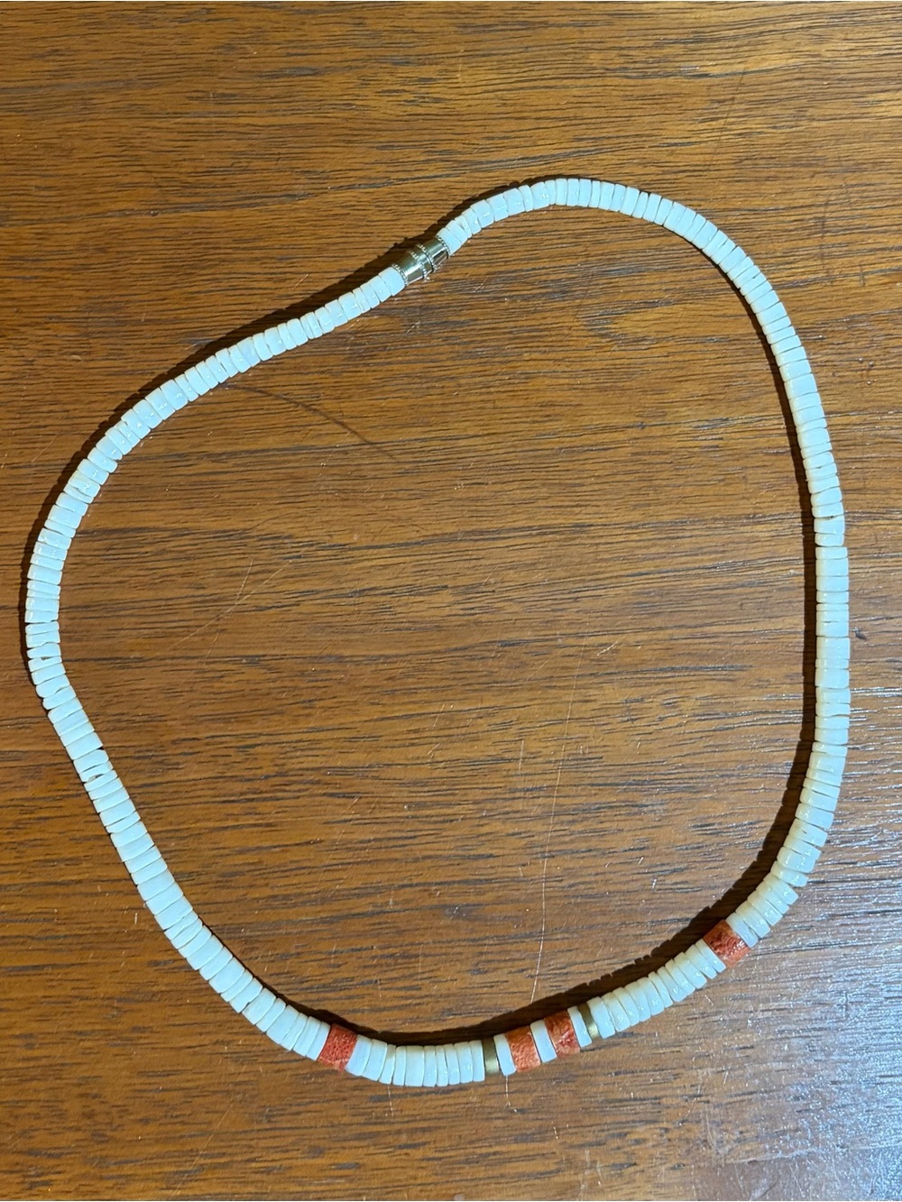 White and Coral Puka Shell Necklace with Silver Clasp